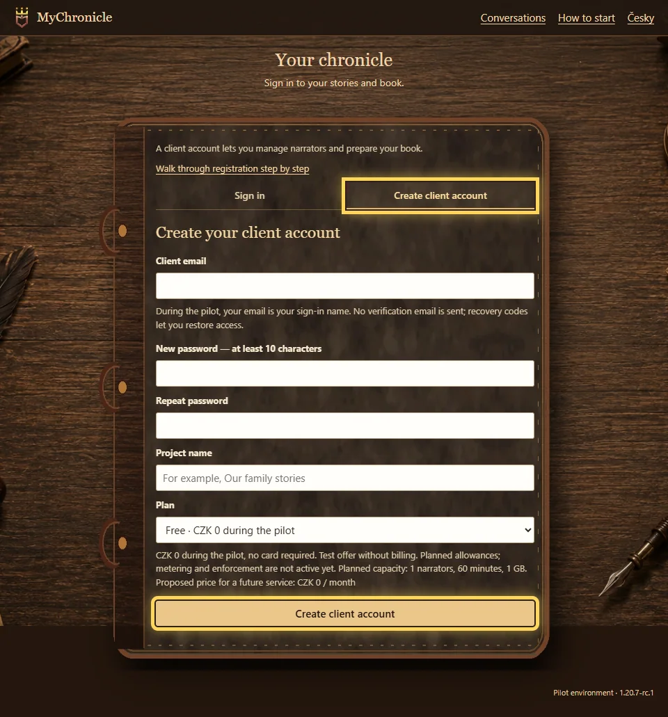 Actual client registration form