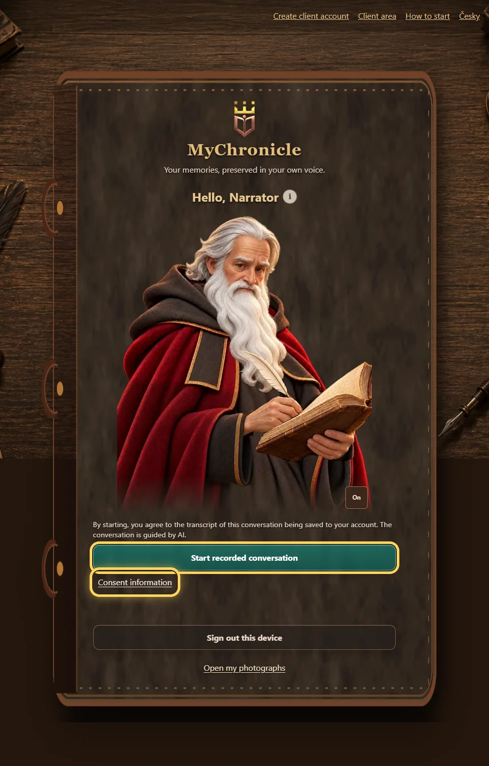Chronicler conversation page and start button