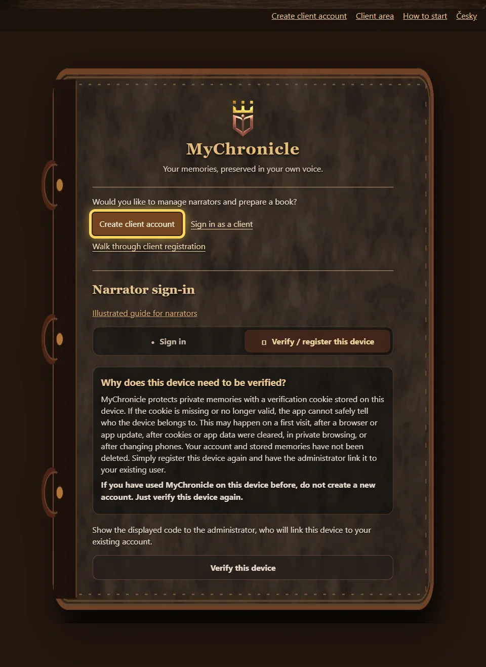 Home page with the Create client account button