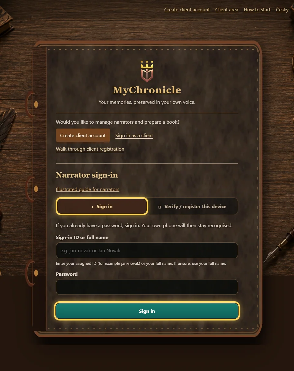 Narrator sign-in on the home page