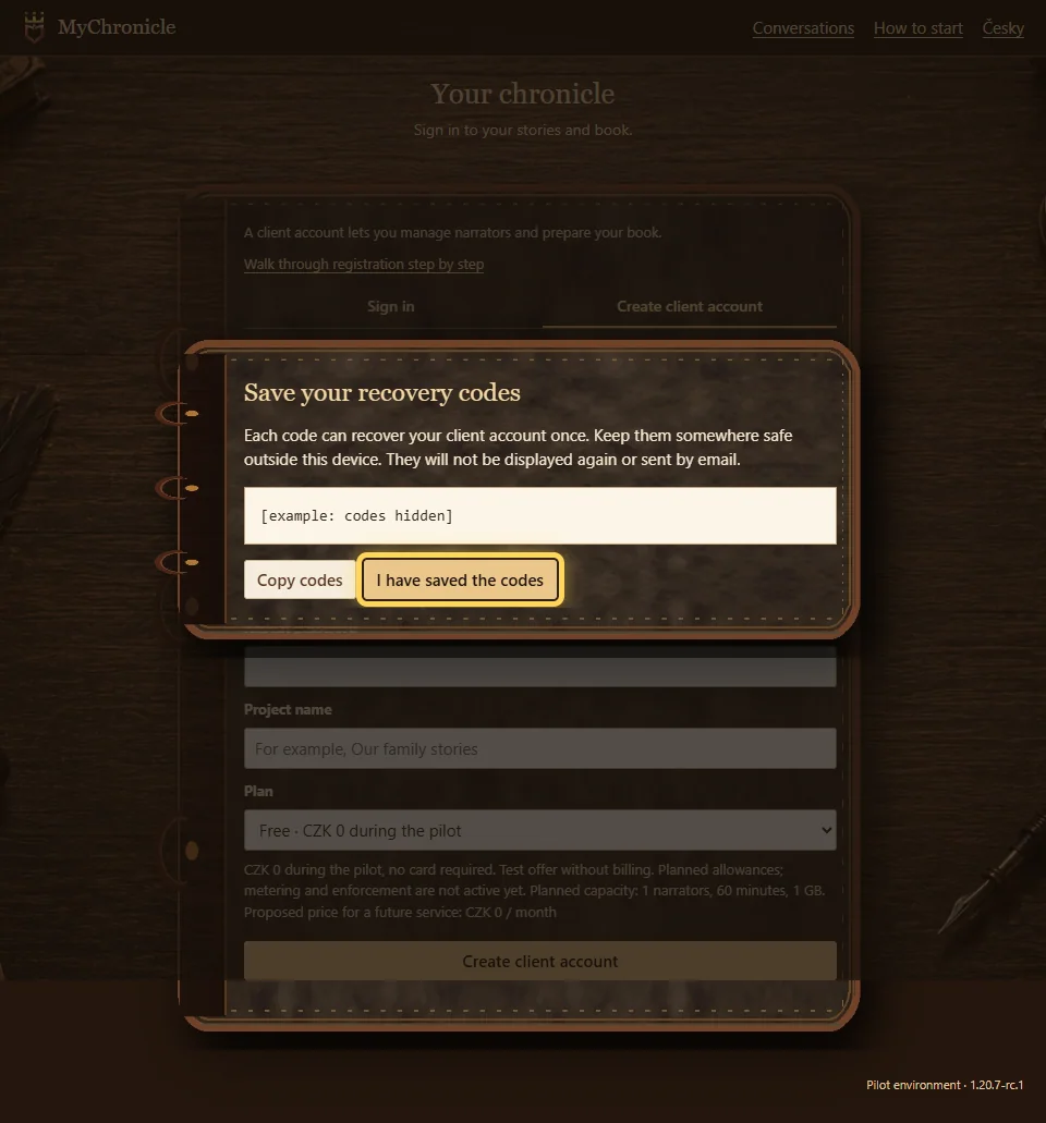Save recovery codes dialog